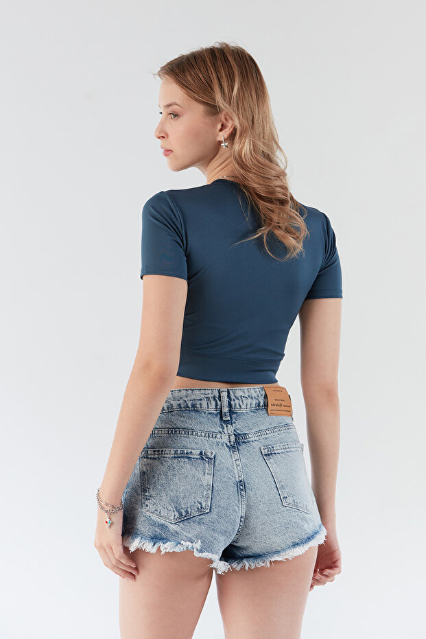 Basic Bisiklet Yaka Crop Tişört - 2