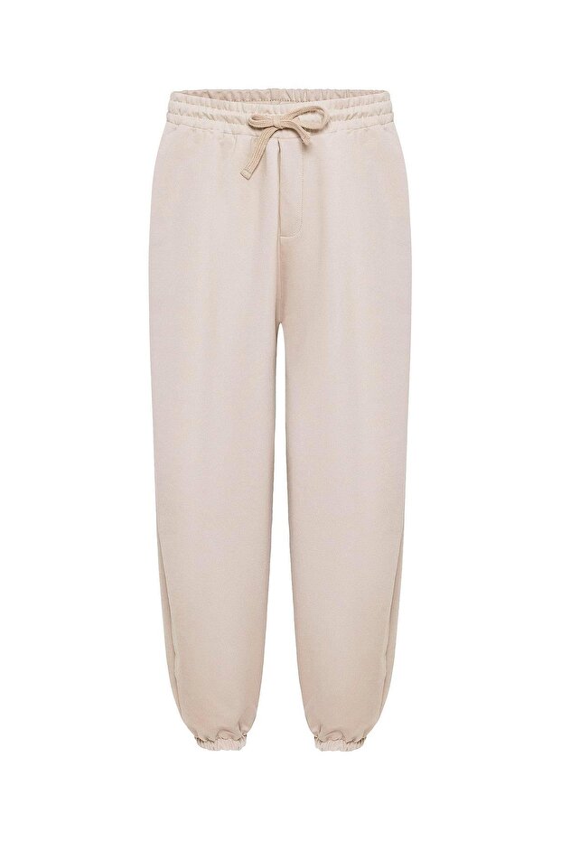 Basic Elastic Cuffed Oversized Sweatpants Beige - 2