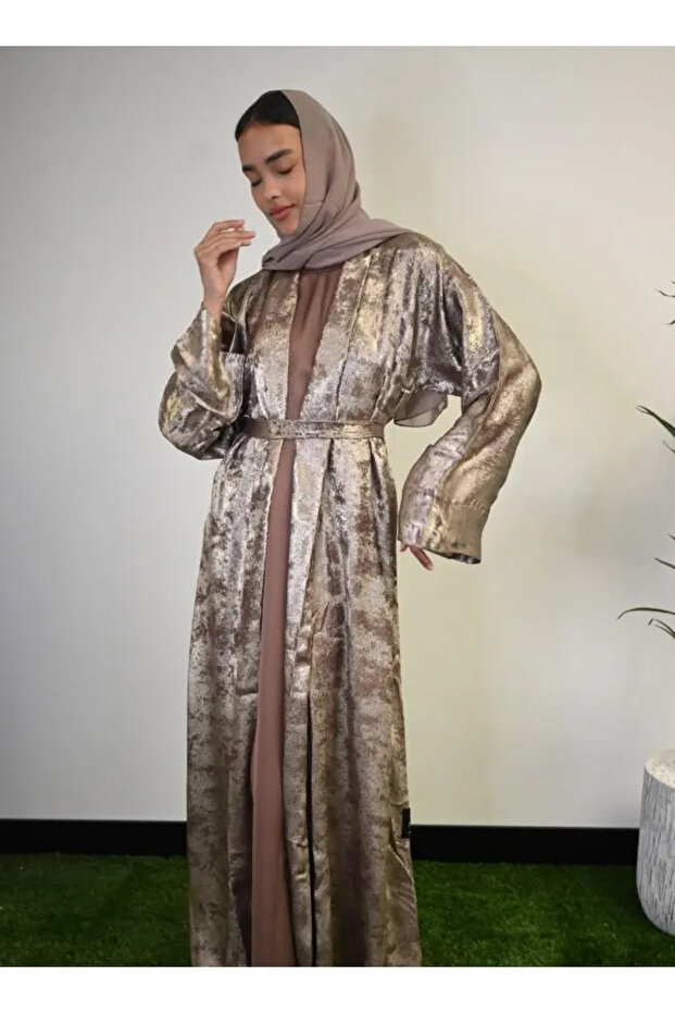 Midnight Glitz Olive Gray Satin Foil Abaya
