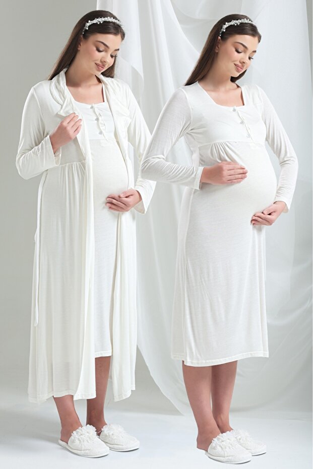 Ecru Special Design Long Sleeve 100% Cotton Maternity Maternity Dressing Gown Nightgown Set
