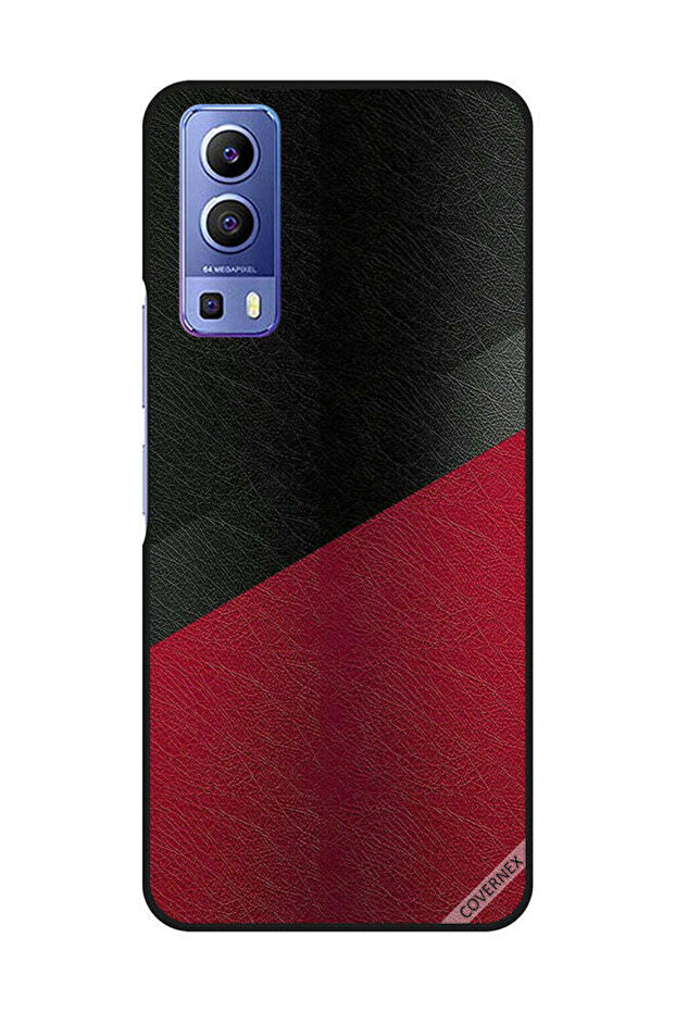 غطاء حماية لهاتف Vivo Y72 5G بنمط جلدي أسود وأحمر