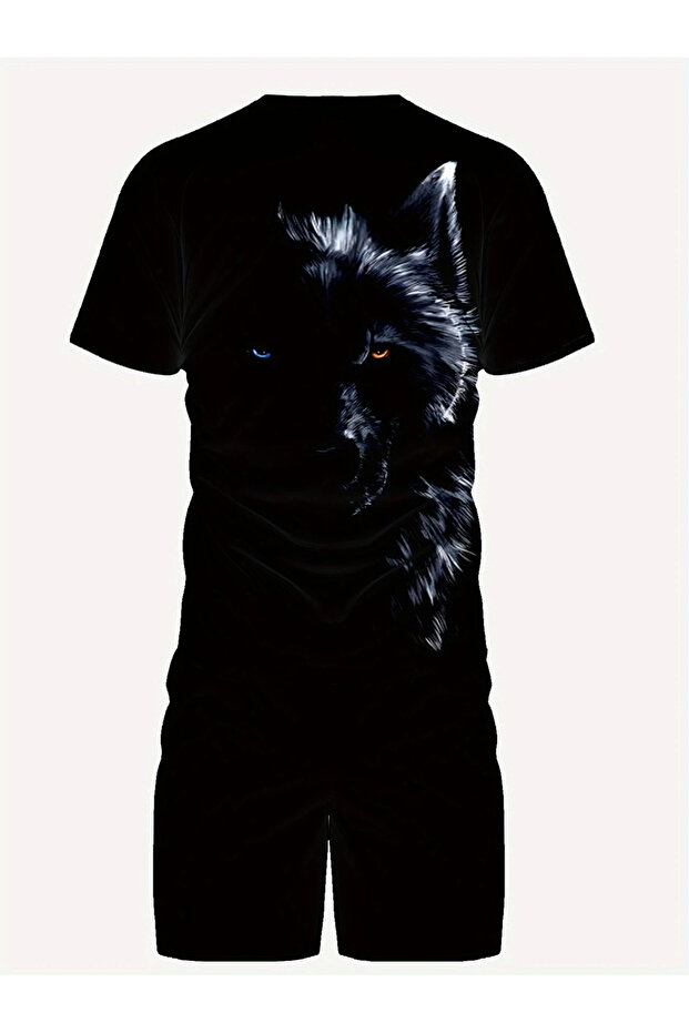 Erkek 3D Tilki Baskılı Günlük Tişört ve Şort, Örme Polyester Kumaş - 5