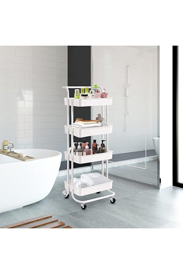 4 Tier Cart Rolling Utility Organizer Trolley Storage Shelf Rack with Lockable Wheels and Handles fo