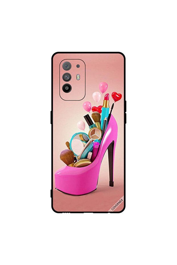 غطاء حماية لهاتف Oppo A95 حذاء وردي مع أدوات مكياج
