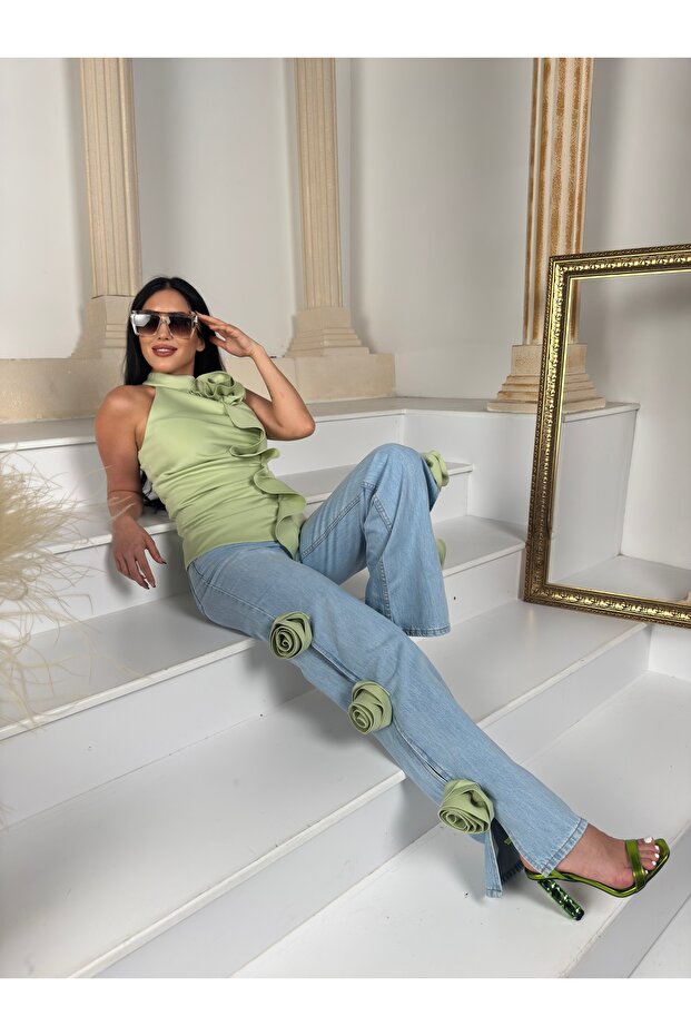Top Imported Lined Scuba Fabric Rose and Shawl Detail Blouse Bottom Imported Denim Side Rose Detail Special Design Suit