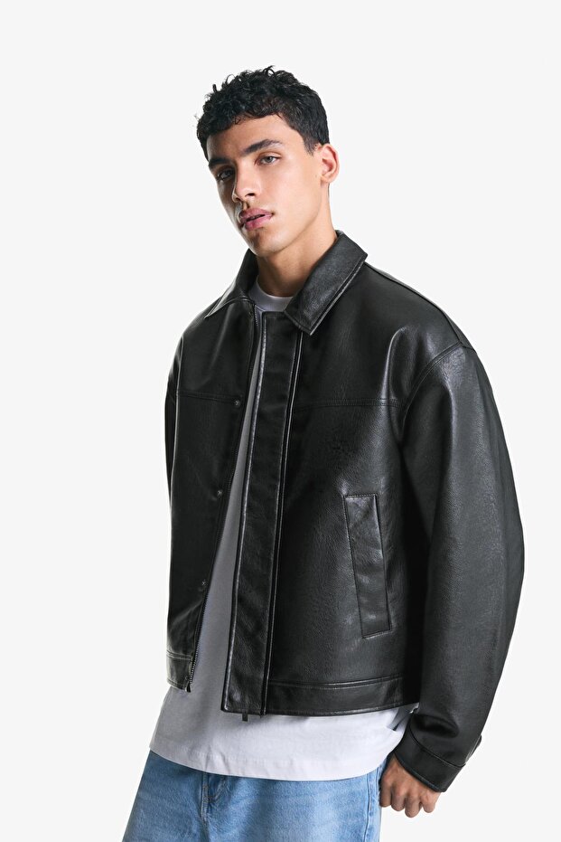 Boxy fit suni deri ceket - 1