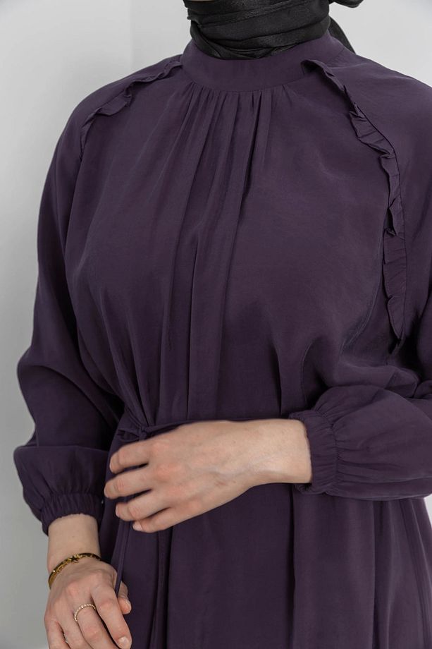 Reglan Kol Fırfır Detaylı Elbise - Mürdüm - 5