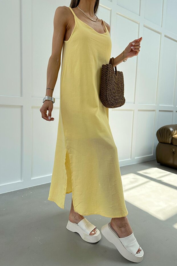 Yırtmaçlı Askılı Müslin Elbise Sarı - 2