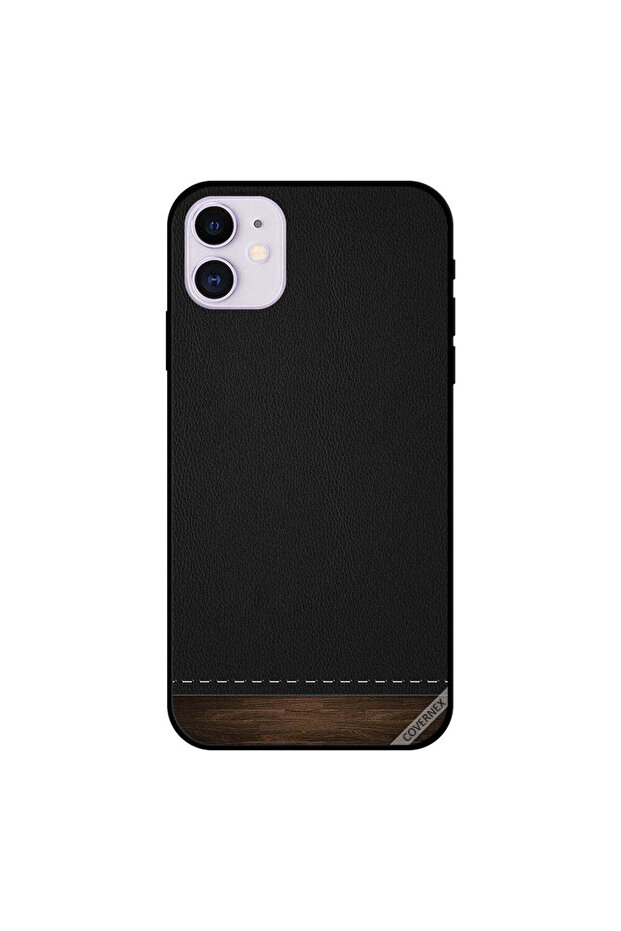 غطاء حماية لجهاز iPhone 11 مصنوع من الجلد الأسود والخشب في الأسفل