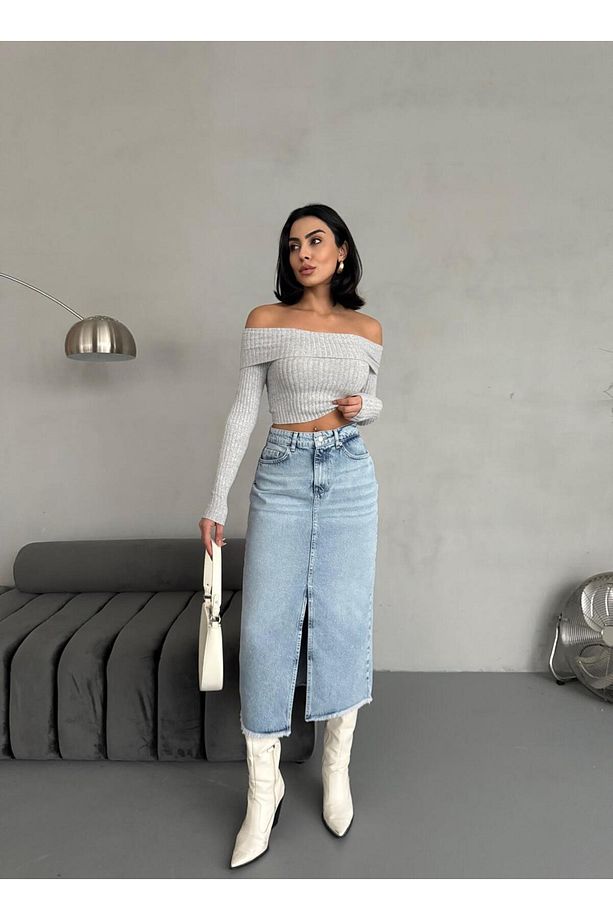 KADIN MAXI BOY ÖN YIRTMAÇ DETAYLI BUZ MAVİ KOT ETEK - 3