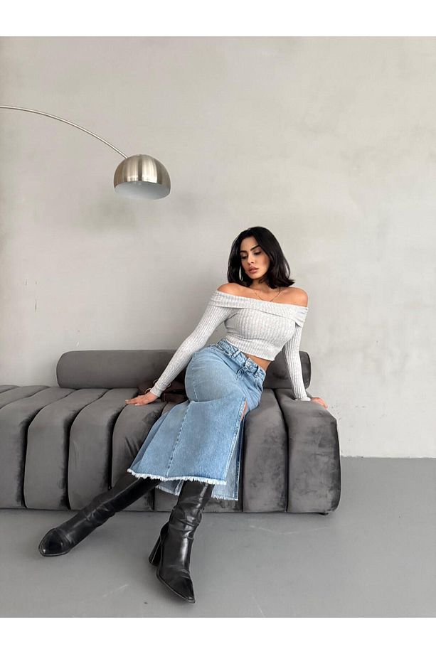 KADIN MAXI BOY ÖN YIRTMAÇ DETAYLI FRESH MAVİ KOT ETEK - 1