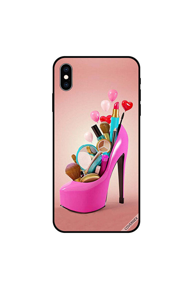 غطاء حماية لهاتف iPhone XS MAX بتصميم حذاء وردي مع أدوات مكياج