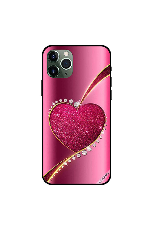 غطاء حماية لهاتف iPhone 11 Pro Max بتصميم قلب وردي لامع