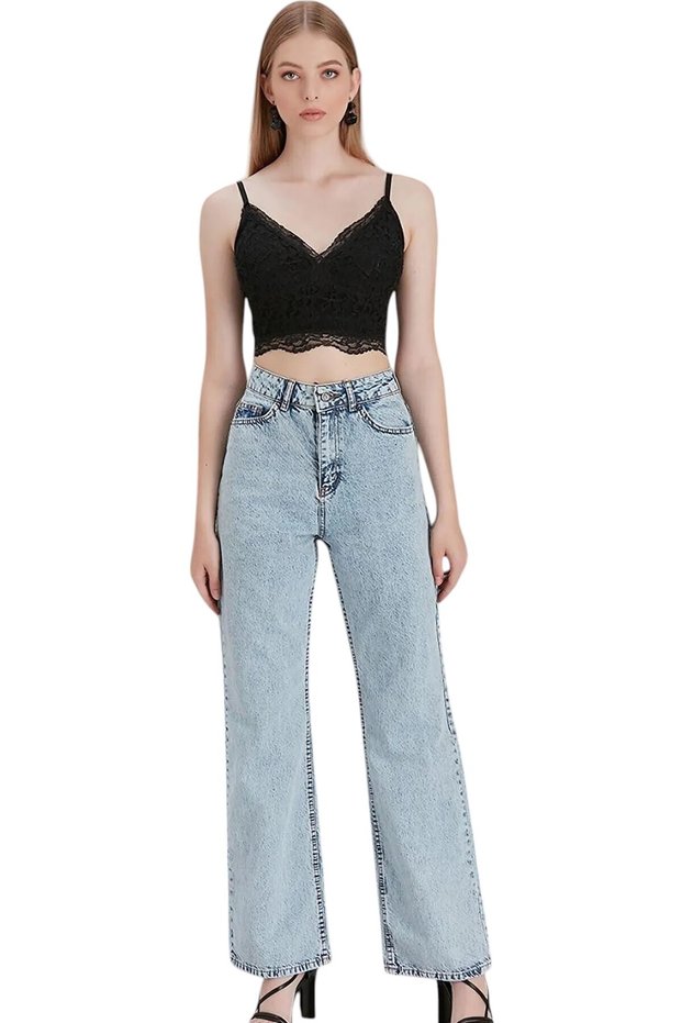Young Girl Light Blue Snow Washed High Waist Lycra Comfortable 90's Loose Leg Jeans