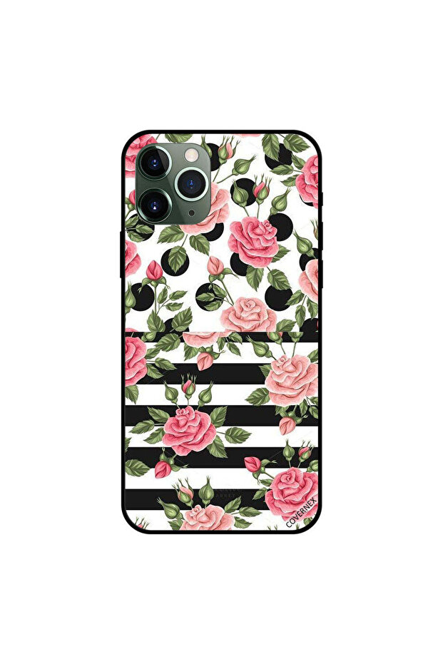 غطاء حماية لجهاز iPhone 11 Pro Max بخطوط وردية وسوداء وبيضاء