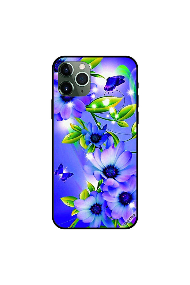 غطاء حماية لجهاز iPhone 11 Pro بنقشة فراشات وزهور زرقاء