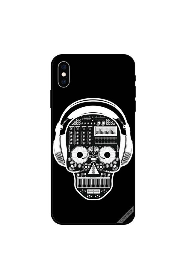 غطاء حماية لجهاز iPhone XS MAX بتصميم جمجمة موسيقية باللونين الأبيض والأسود
