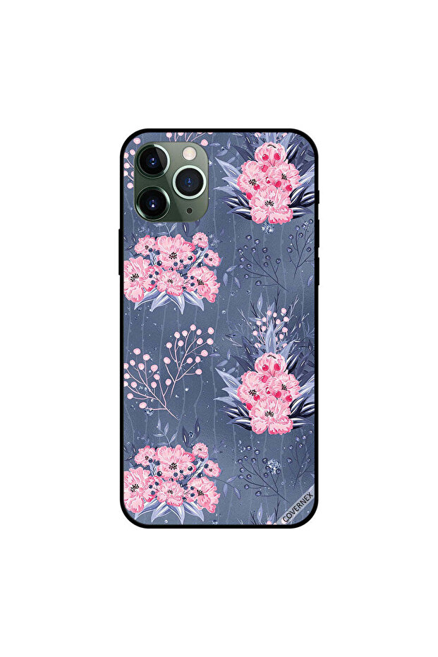 غطاء حماية لجهاز iPhone 11 Pro Max بنقشة زهور وردية رمادية داكنة