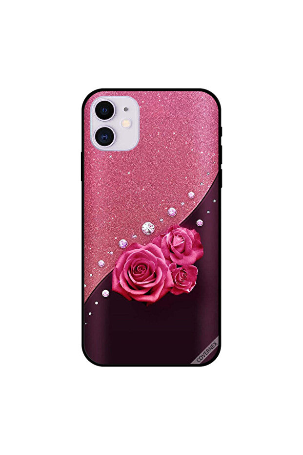 غطاء حماية لجهاز iPhone 11 باللون الوردي اللامع والورود