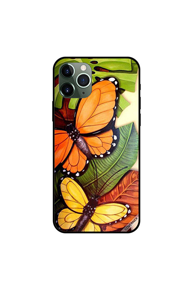 غطاء حماية لجهاز iPhone 11 Pro Max بنقشة فراشات باللونين الأسود والبرتقالي