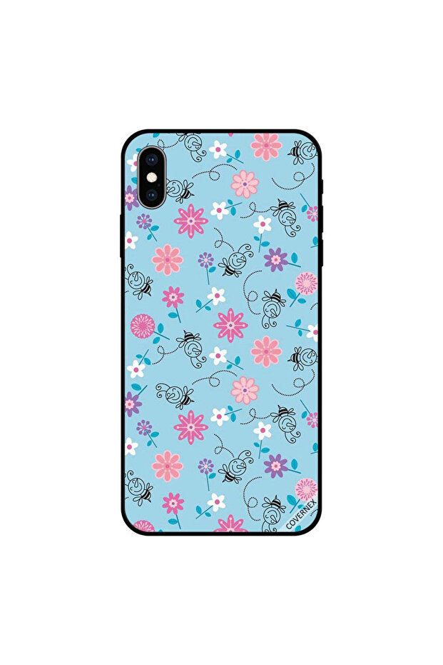 غطاء حماية iPhone X بنقشة زهور وردية ونحل