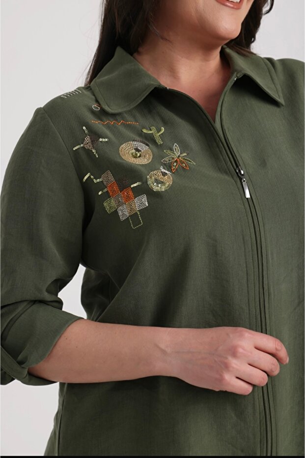 Jachetă brodată cu fermoar de mărime mare - 2