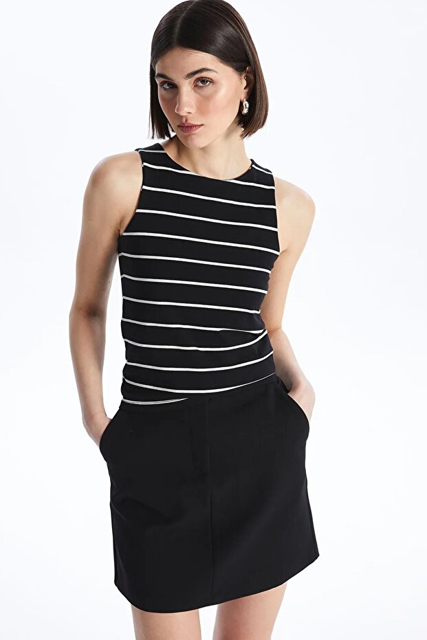 Women's Black-White Swimmer Model Crew Neck Full Licra Striped Rib Tank Top