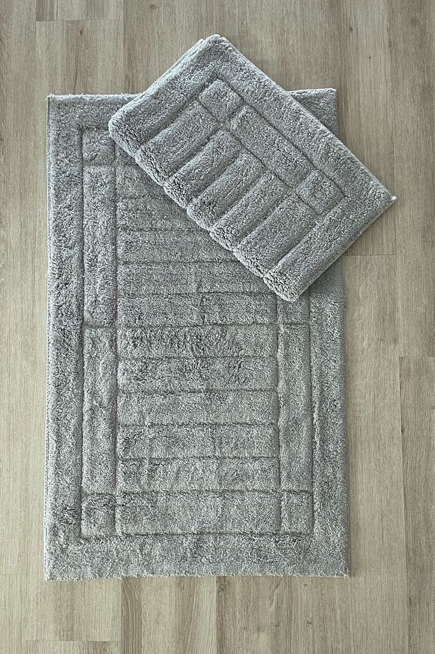 %100 Pamuk Tafting Su Emici Yumuşak Dokulu Banyo Paspas Seti, Banyo Halısı 2 Li Set 60x100 - 50x60 - 1