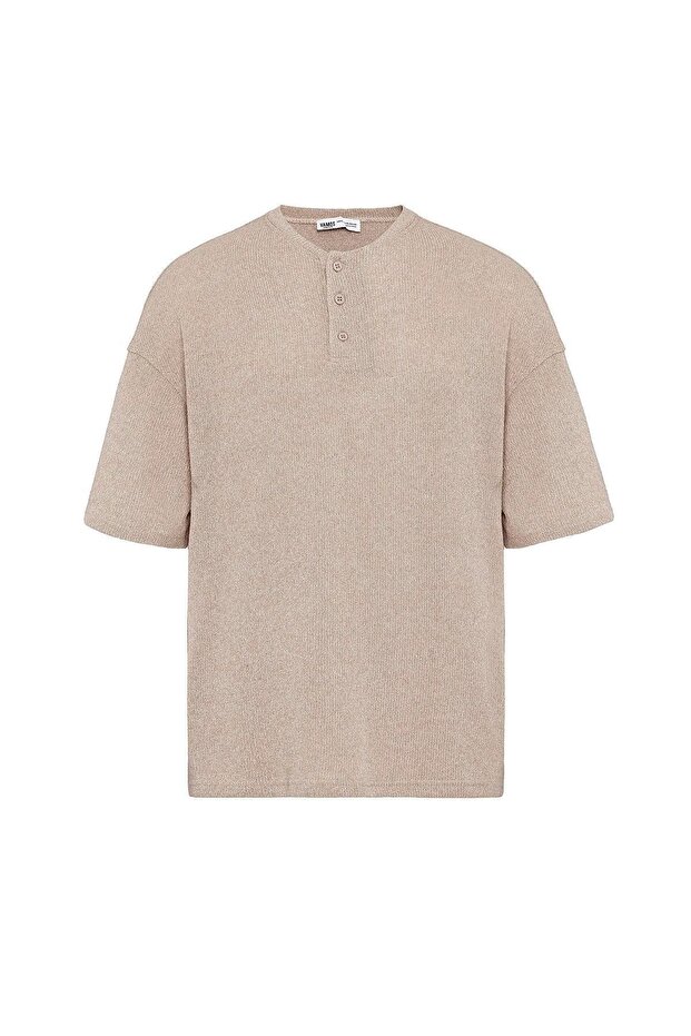 Basic Oversize Düğme Yaka Tişört Bej - 3