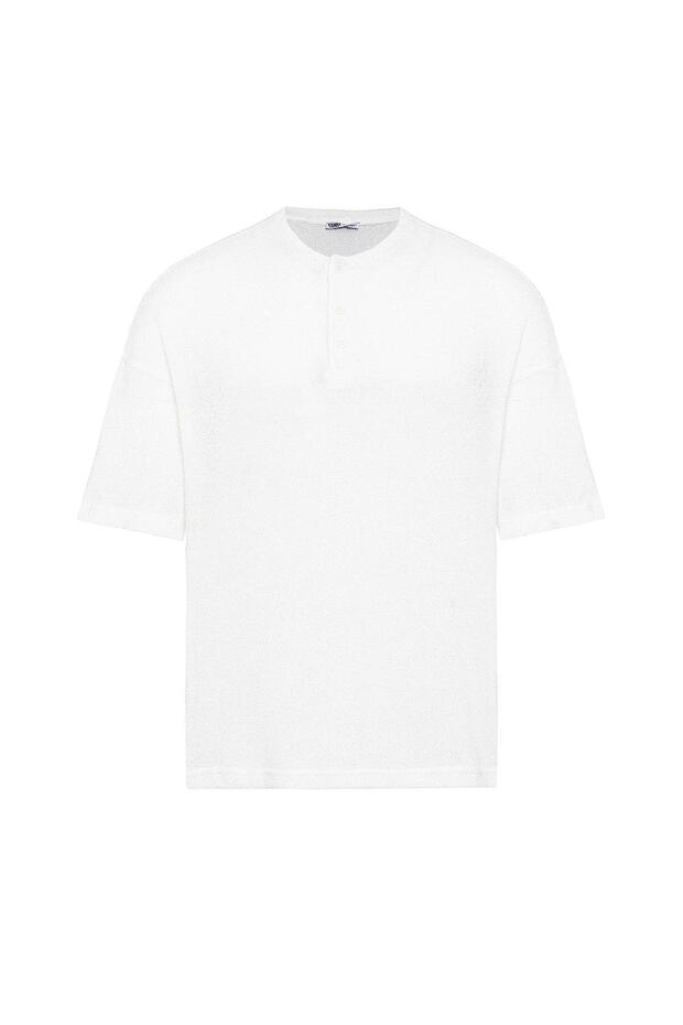 Basic Oversize Düğme Yaka Tişört Ekru - 3