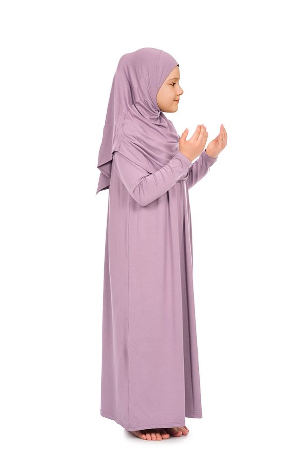 Pratik Başörtülü Tek Parça Kız Çocuk Namaz Elbisesi 9-11 Yaş Gül Kurusu - 2