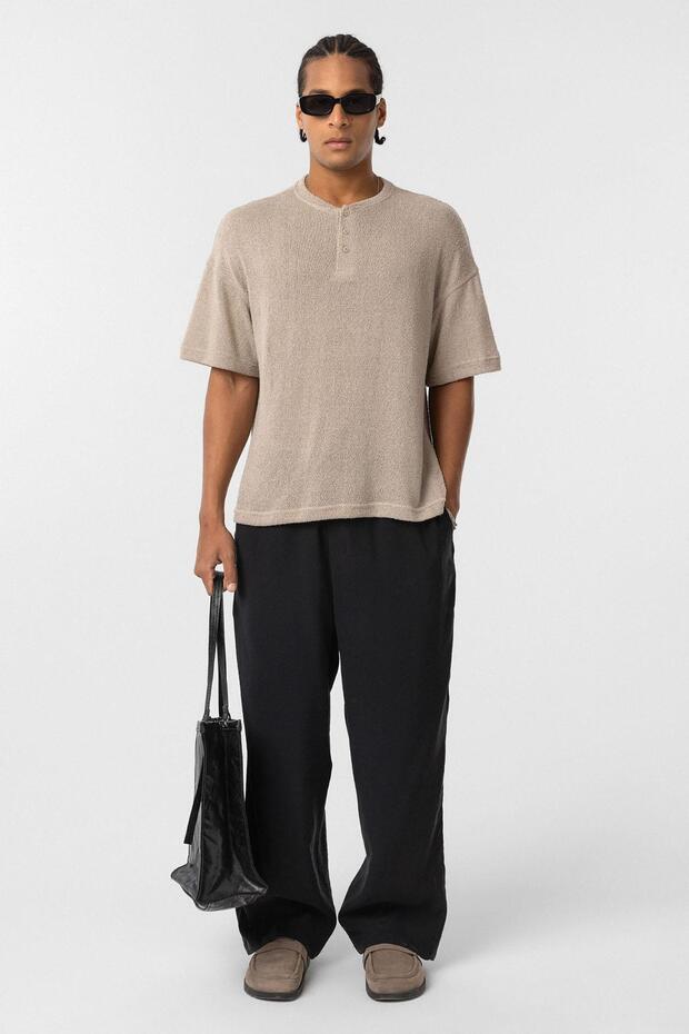 Basic Oversize Düğme Yaka Tişört Bej - 1