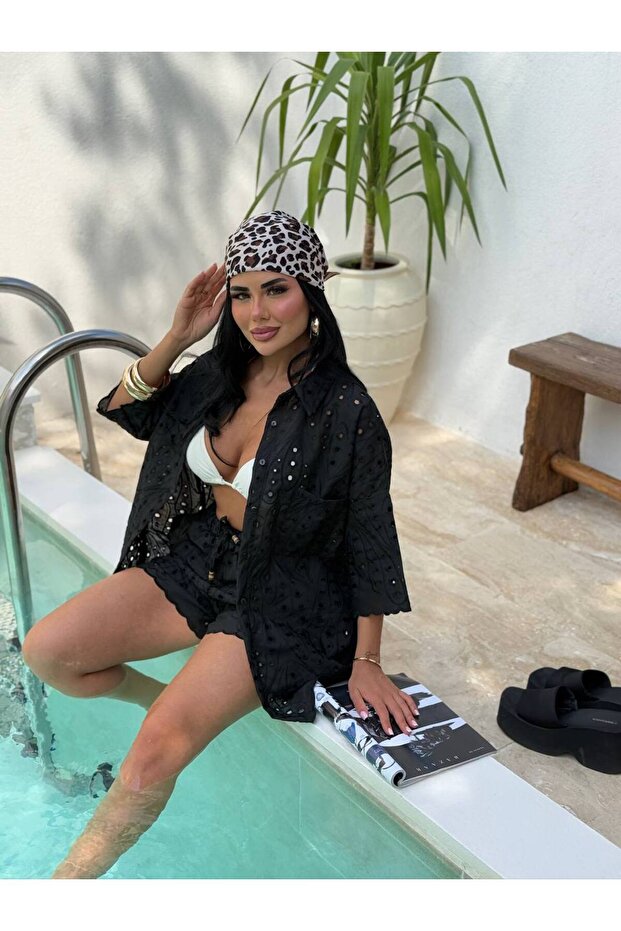 Kadın Brode Detay Şortlu Takım - 3