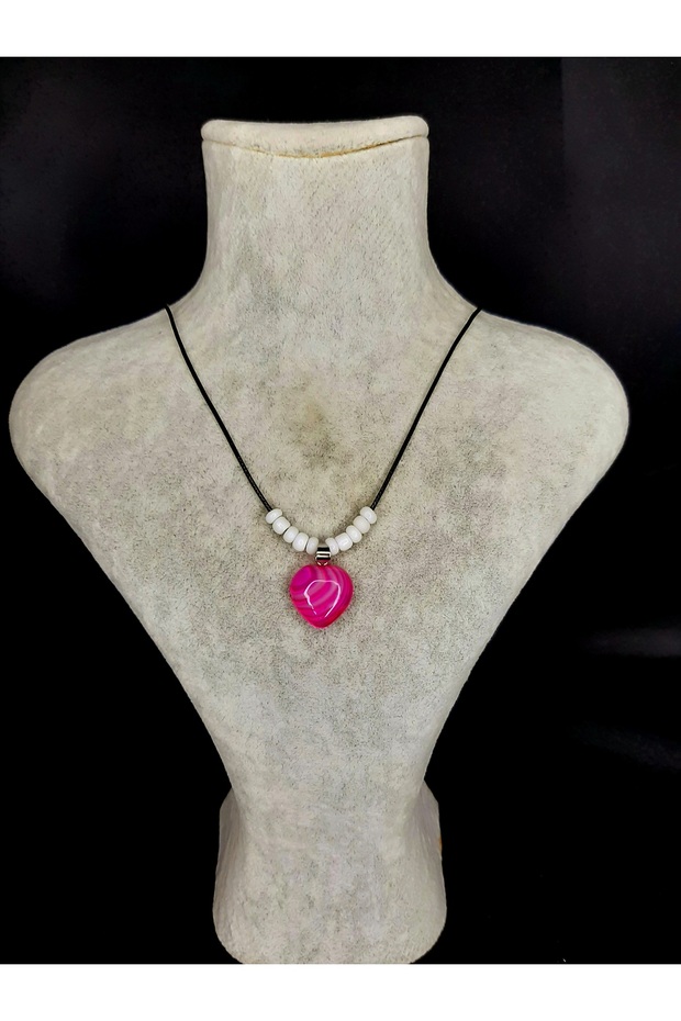 Natural Stone Heart Pendant – Pink Onyx Stone & White Beaded
