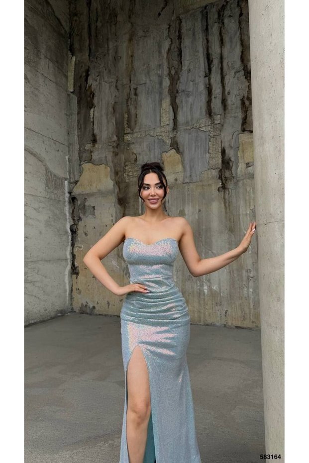 Women's Strapless Strapless Slit Pulp Sequin Long Evening Dress or Homecoming Dress Ice Blue