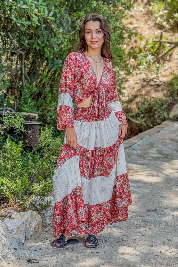 Red Color Patterned Silk Skirt Blouse Set
