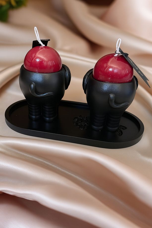 Lüks El Yapımı Fil Mum Seti – 2’li Mum Siyah Tepsi Kırmızı Top Detaylı - 3