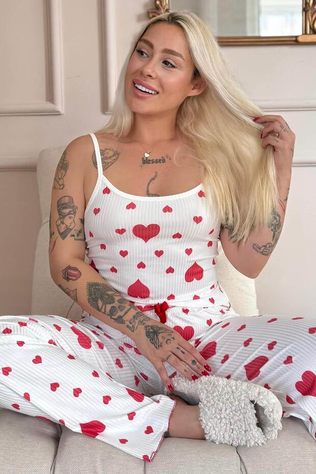 Red Amour Patterned Knitted Strap Women's Pajama Set