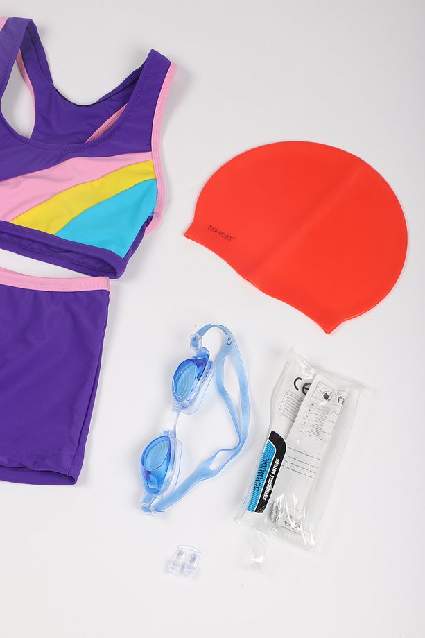 Çocuk Yüzme Seti - /Yüzme Gözlüğü /Kulak Tıkacı/ Silikon Bone / Çocuk Yüzücü Şortlu Bikini -4 Lü Set - 2