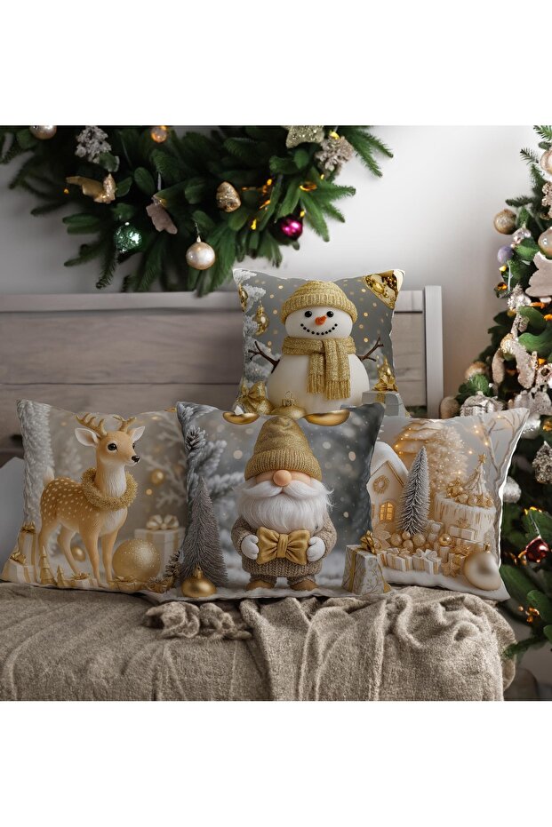 New Year Themed Santa Claus Deer Theme Gold Patterned 4-Piece Digital Printed Gift Pillow Cushion Cover