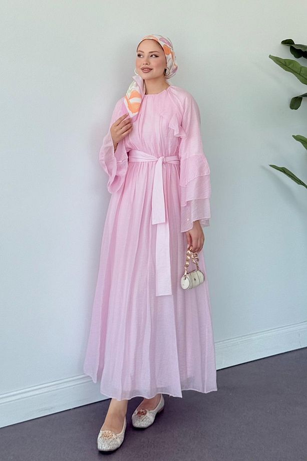 Delux Fırfırlı Pamuk Elbise PEMBE - 3