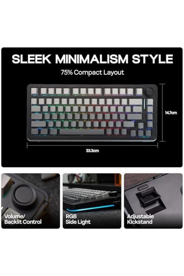 EA75 75% RGB Gaming Mechanical Keyboard, 2.4GHz/Type-C/BT Creamy Wireless Keyboard with Kno - 8