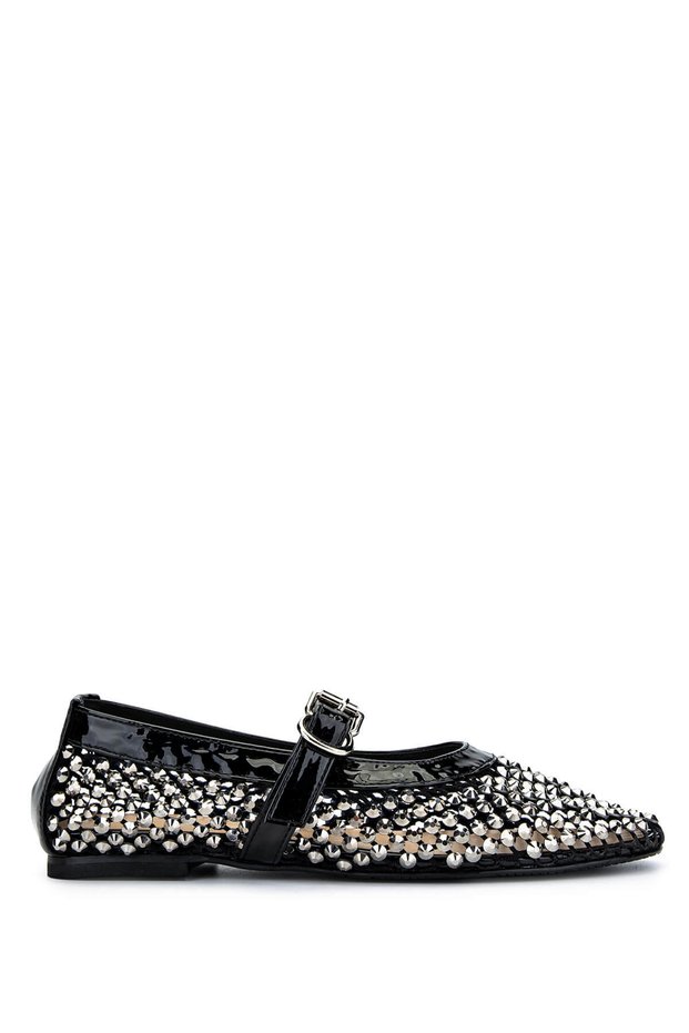 Women's Leather & Textile Black Patent Leather Ballerina Shoes