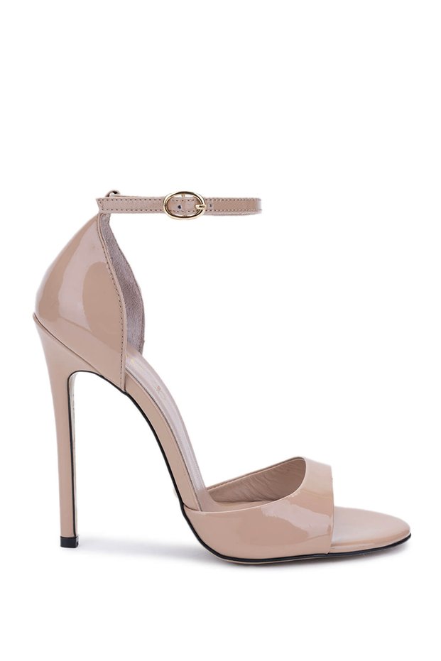 Women's Genuine Leather Beige Patent Leather Heeled Shoes
