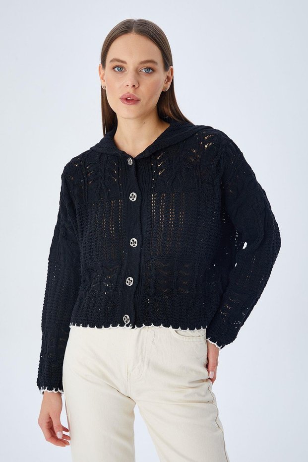 6861 Women's Openwork Hem Colored Knitwear Cardigan Black