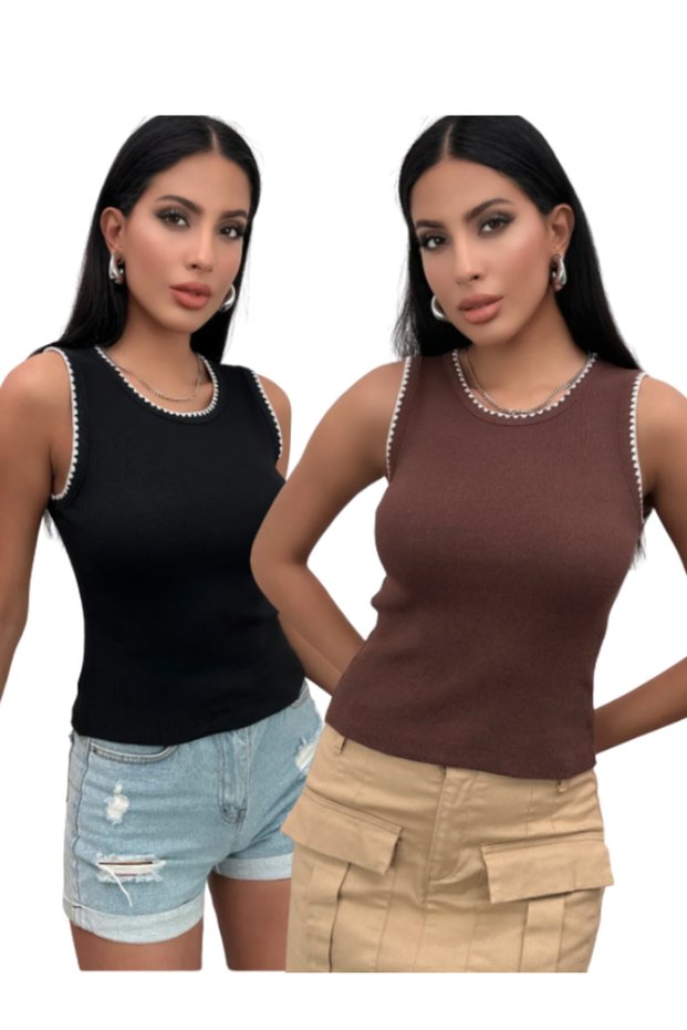 Women's Black Brown Piping 2 Pack Ribbed Knitted Blouse
