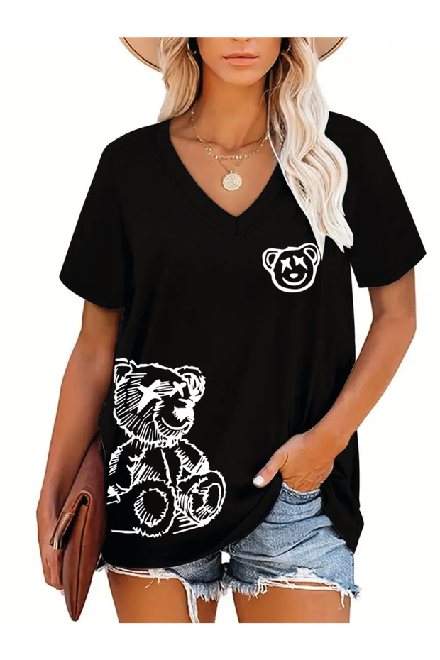 V-Neck Oversize Teddy Bear Printed T-Shirt