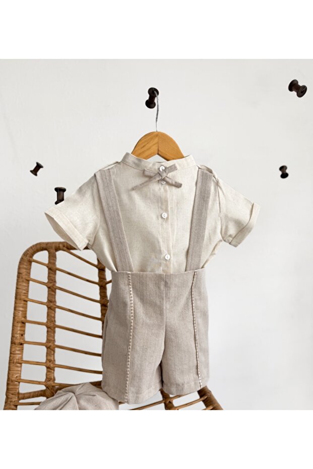 Beige Stripe Detail Short Overalls - Shirt
