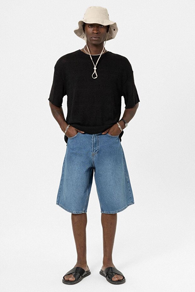 Basic Oversize Örme Triko Tişört Siyah - 1