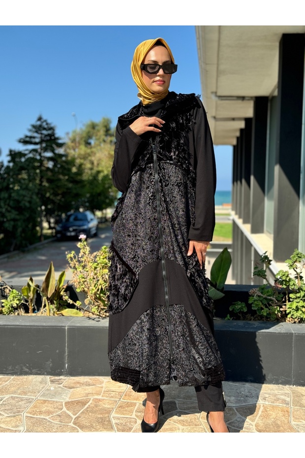 Kadife Patchwork Siyah Pardesü 36410 - 5